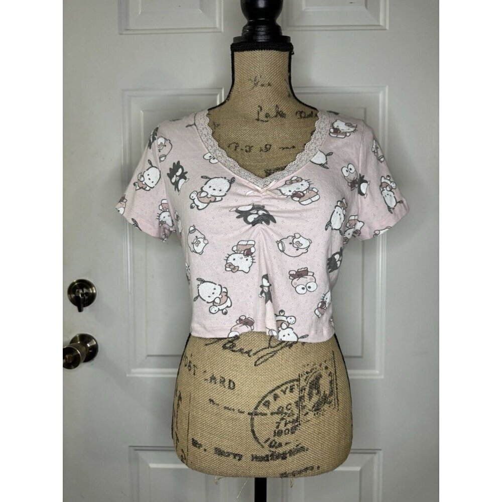 HELLO KITTY Sanrio Pink All Over Print Crop Top T-Shirt Lace Bow Y2k 90’s LARGE